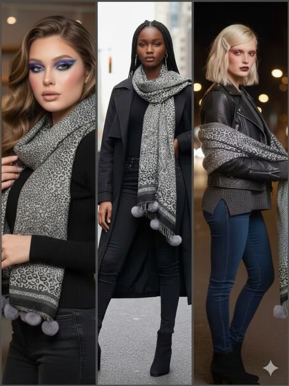 Mitchies Women's Grey Leopard Print Pom Scarf Wrap